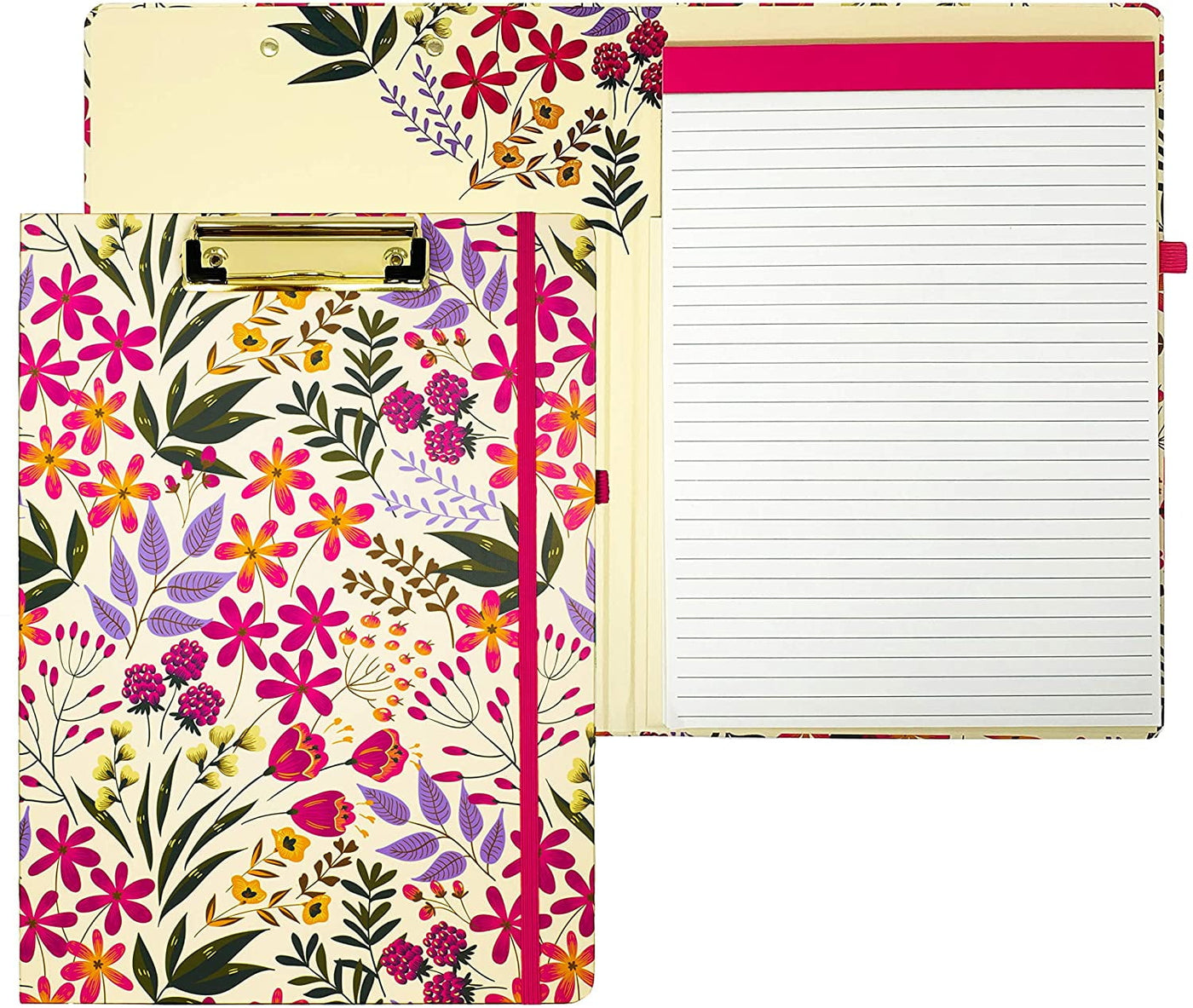 Steel Mill & Co. Clipboard Folio with Refillable Lined Notepad, Stylish Pink Floral Clipfolio, Wildflowers