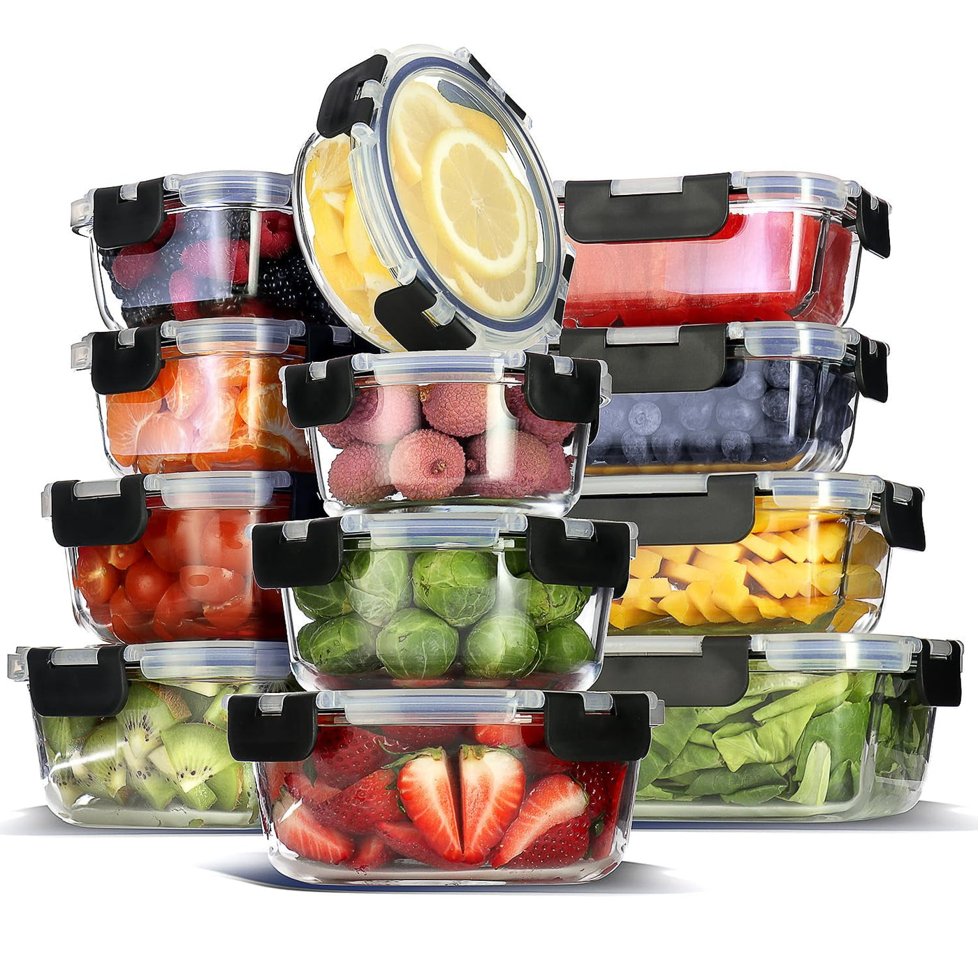 EATEX 12-Pack Glass Food Storage Containers with Lids, Glass Meal Prep Containers, Reusable Glass Food Containers with Leakproof Snap Lock Lids, Oven Microwave Freezer Safe Lunch Containers C29