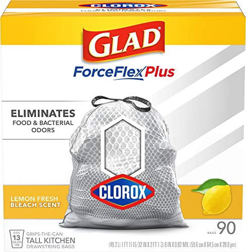 Glad Trash Bags ForceFlex Plus with Clorox, 13 Gallon, Lemon Fresh Bleach Scent, White and Gray, 90 Count