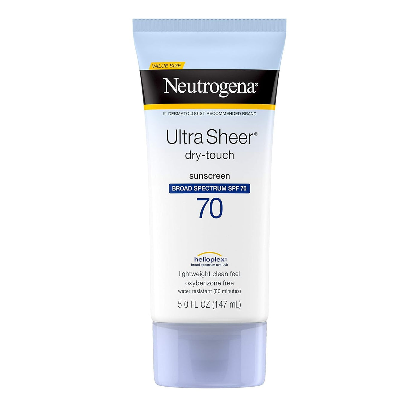 Neutrogena Ultra Sheer Dry-Touch Sunscreen Lotion, Broad Spectrum SPF 70 UVA/UVB Protection, Oxybenzone-Free, Light, Water Resistant, Non-Comedogenic  and  Non-Greasy, 5 fl. oz