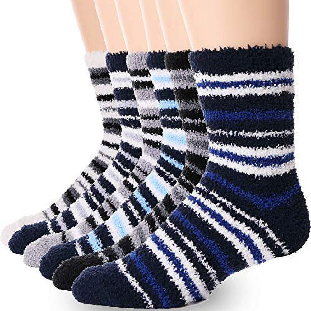 Mens Fuzzy Socks 6 Pairs Slipper Fluffy Warm Winter Fleece Sleep Stocking Stuffer Cabin Cozy Soft Adult Plush Socks (Striped C)