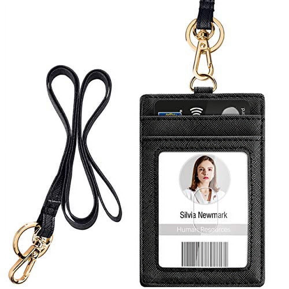 ID Badge Holder with Lanyard, Vertical PU Leather ID Badge Card Holder with 1 Clear ID Window, 4 Credit Card Slots and a Detachable Neck Lanyard (Black)