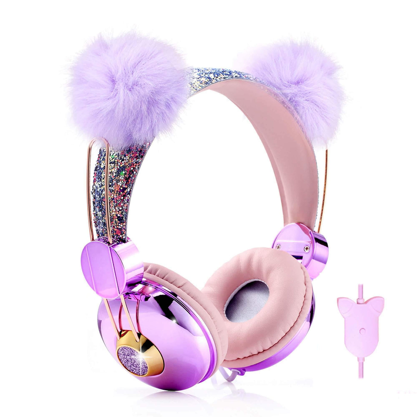 Kids Headphones Glitter Bear Ear Volume Limiting Adjustable Cute Anime Wired Headphones for Girls Boys School (Purple-Bear Ear) Purple-Bear Ear