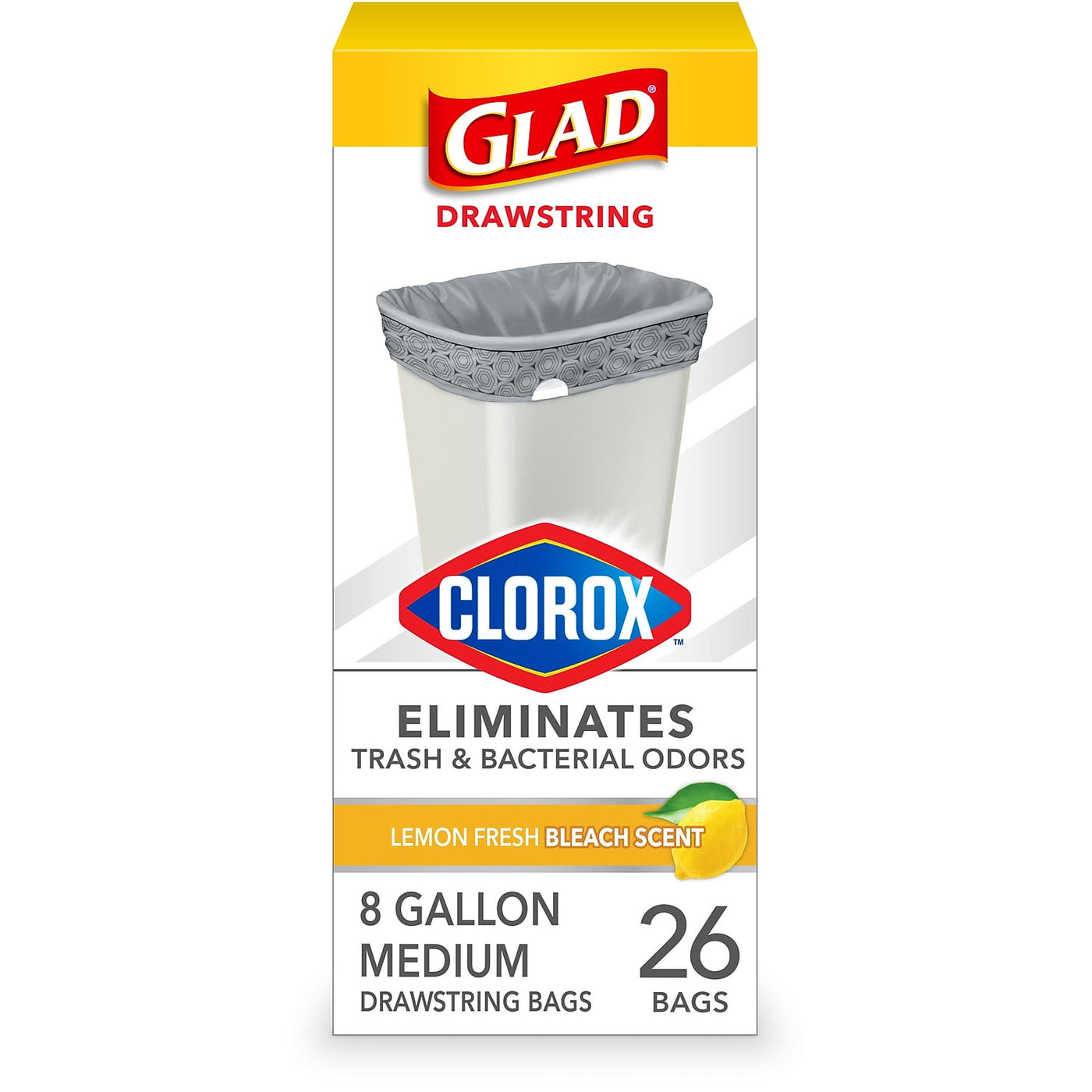 Glad Medium Drawstring Trash Bags with Clorox 8 Gallon Grey Lemon Fresh Bleach Scent 26/Box(79316)