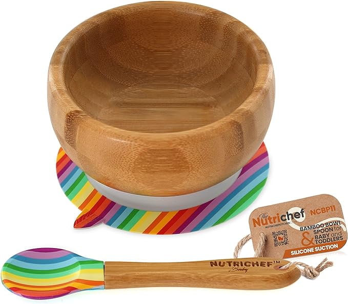 NutriChef Bamboo Baby Feeding Bowl - Wooden Infant Toddler Dish and Spoon Set w/Silicone Suction Base for Stay Put Eating, For Children Aged 4-72 Months (Rainbow), Small