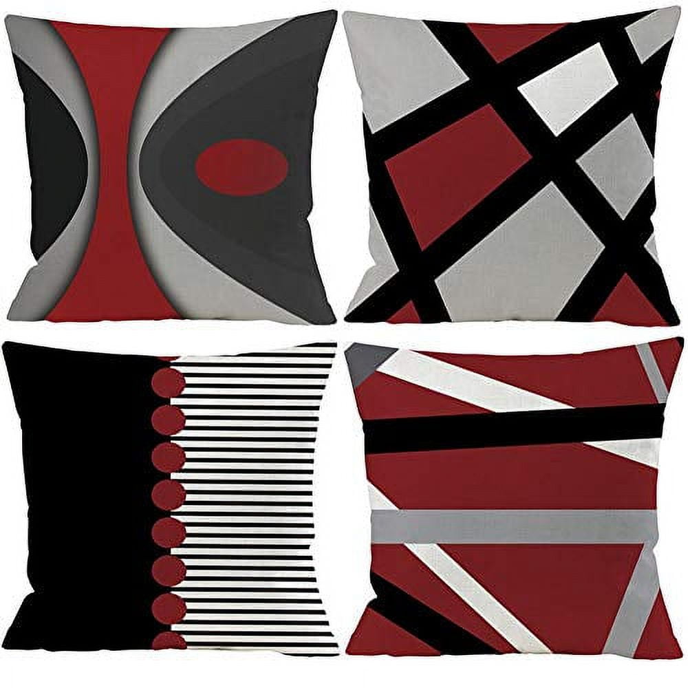 Set of 4 Abstract Red Stripes Gray Black White Throw Pillow Covers Modern Decorative Pillow Cases Home Decor Square 18x18 Inches Pillowcases