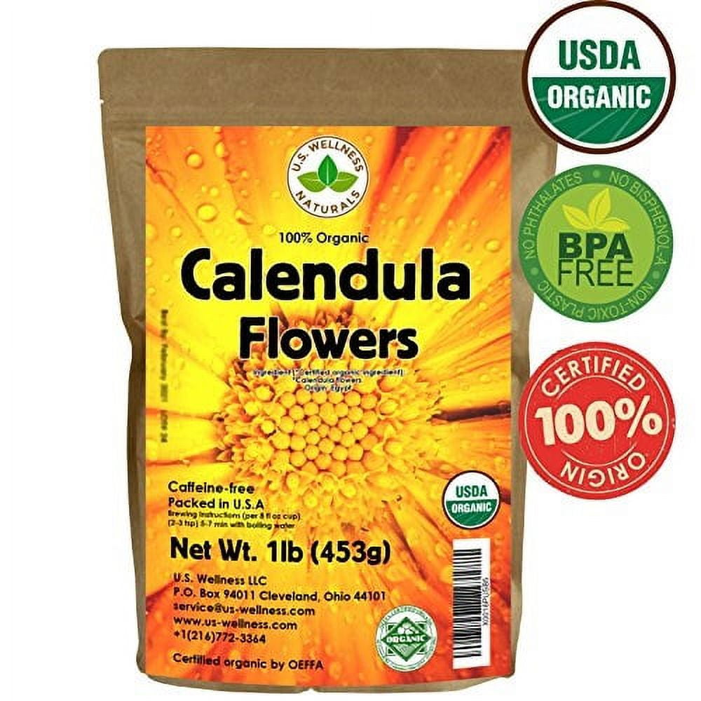 Calendula Tea 1LB (16Oz) 100% CERTIFIED Organic Whole Flower Calendula Herbal Tea (Calendula Officinalis), Caffeine Free in 1 lbs. Bulk Resealable Kraft BPA free Bags from U.S. Wellness