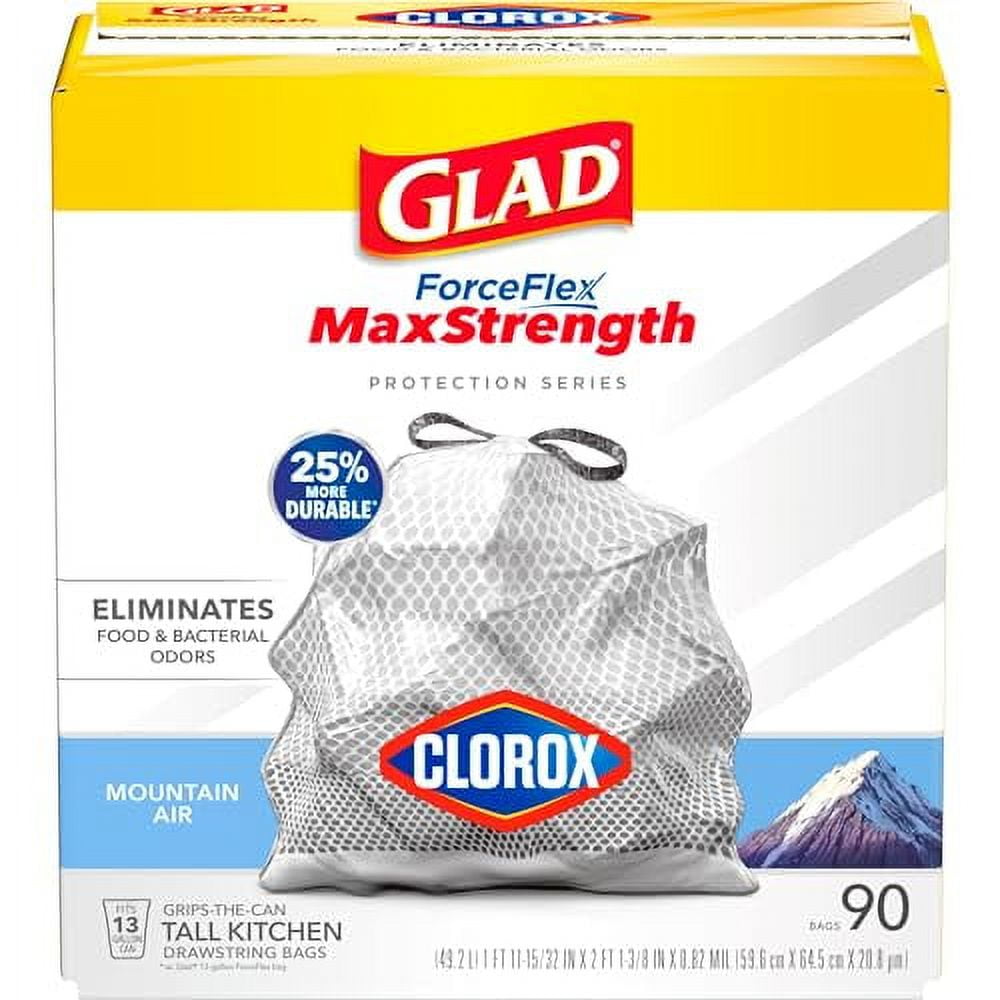 Glad ForceFlex MaxStrength with Clorox Tall Kitchen Drawstring Trash Bags, 13 Gallon Grey Trash Bags, Mountain Air Scent, 90 Count