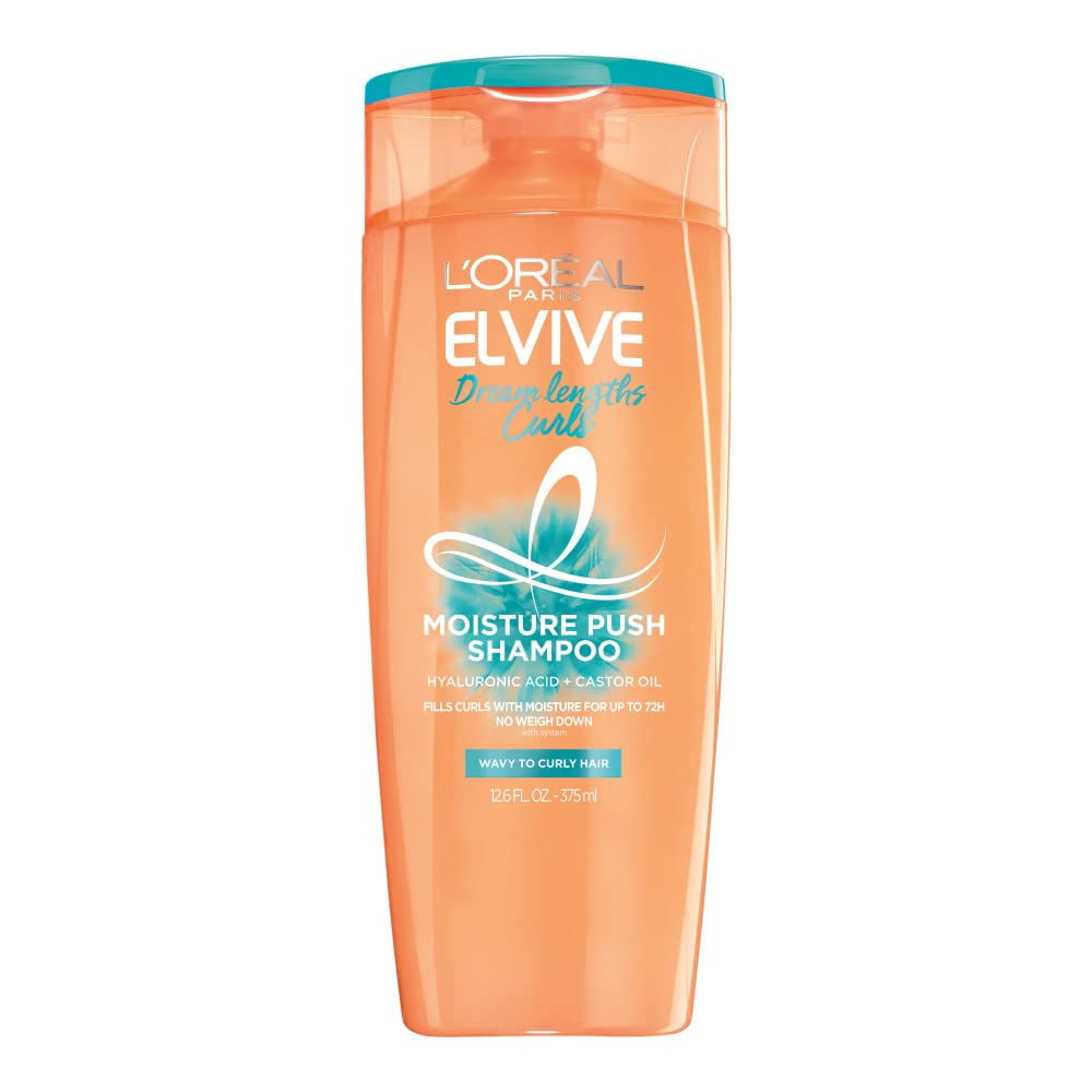 L,Oreal Paris Elvive Dream Lengths Curls Moisture Push Shampoo, Paraben-Free Curly Hair Shampoo With Hyaluronic Acid And Castor Oil, 12.6 Fl Oz