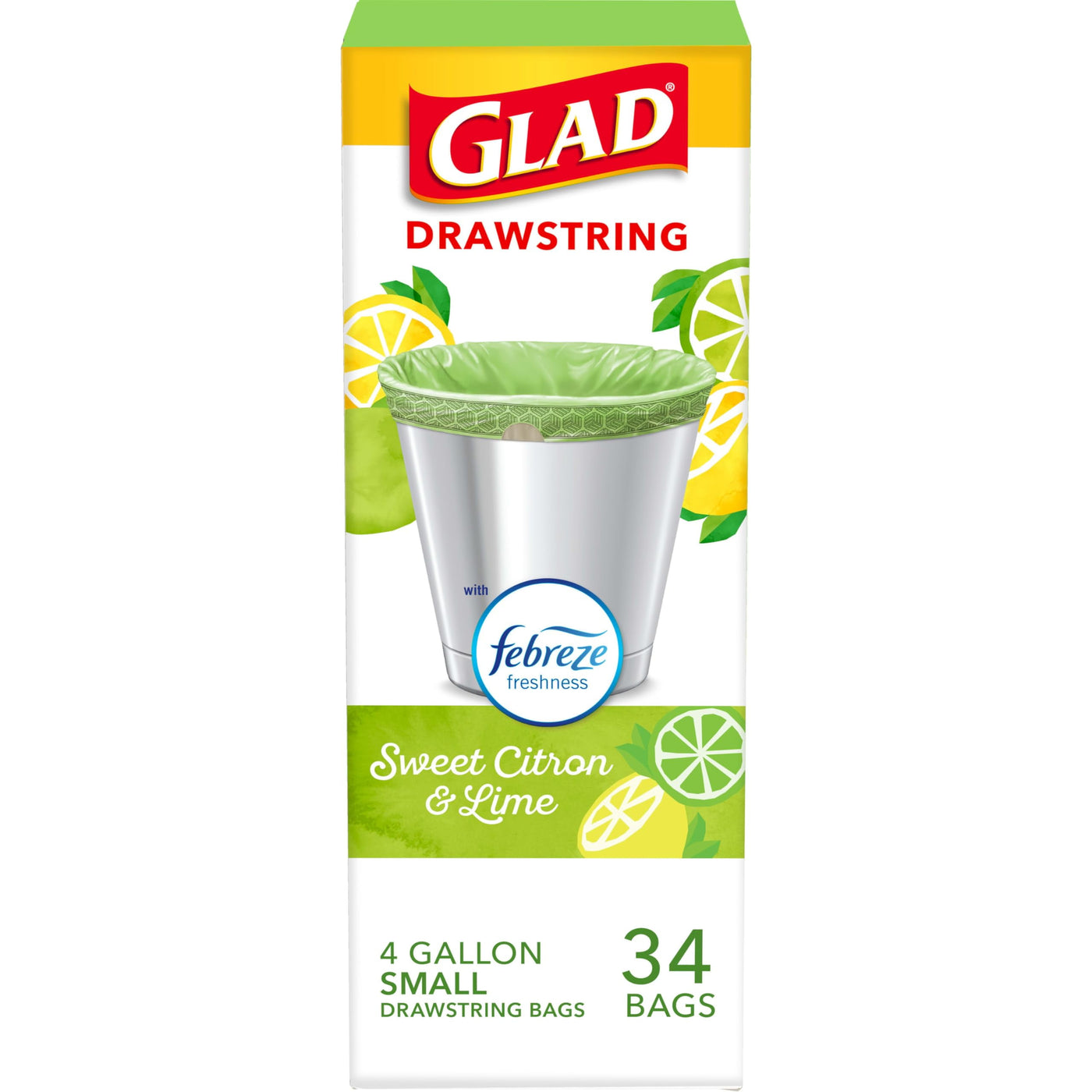 Glad Small Kitchen Drawstring Trash Bags, 4 Gallon, Febreze Sweet Citron & Lime, 34 Count (Pack of 1)