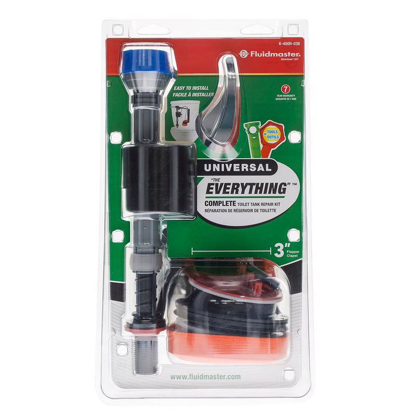 Fluidmaster K-400H-038-T2 Universal High-Performance Everything Toilet Tank Repair Kit, 3 In. - Quantity 1