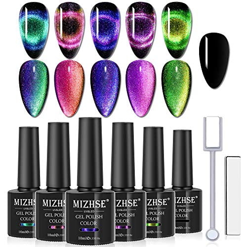 MIZHSE 9D Cat Eye Gel Nail Polish Fashion Chameleon Magnetic Gel 10ml Soak Off UV LED with 2 Magnet Stick Gel Nail Polish Set 6pcs