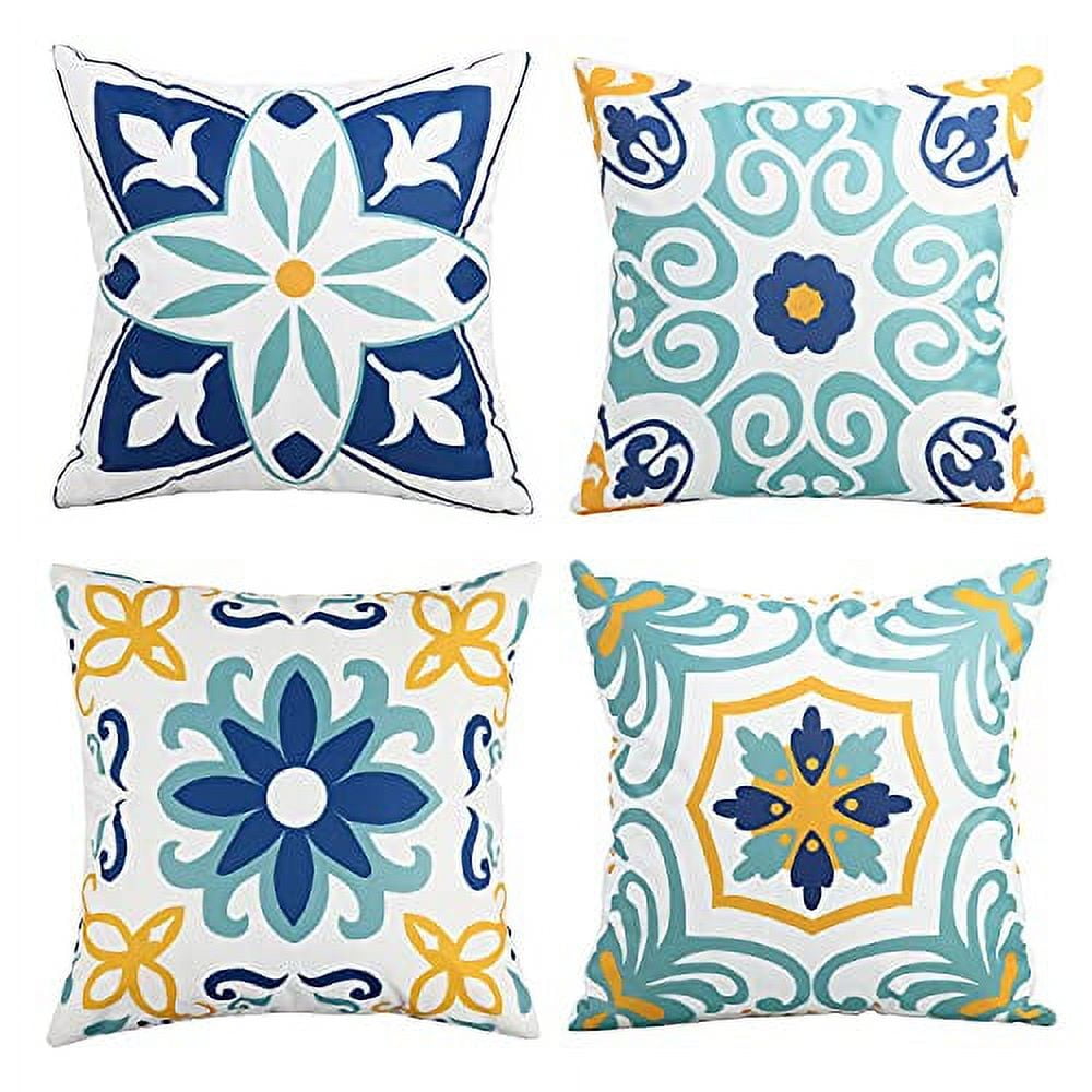 Outdoor Waterproof Throw Pillow Covers Set of 4 Floral Printed and Boho Farmhouse Outdoor Pillow Covers for Patio Funiture Garden 18x18 Inch Blue