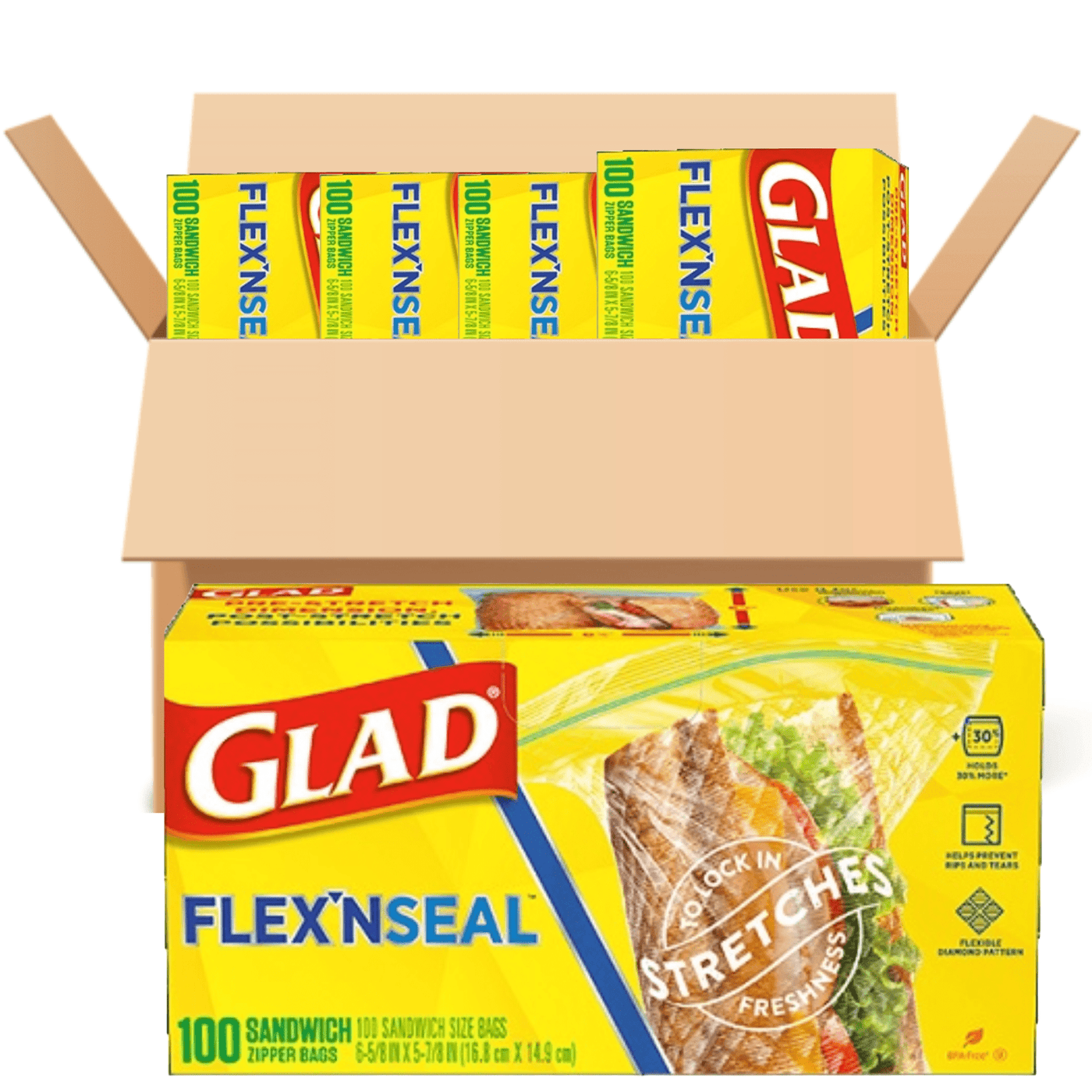 GLAD FLEXN' SEAL Zipper Food Storage Sandwich Bags, On-the-Go Snack and Lunch Bags, Zipper Sandwich Sealer, Microwave Safe, BPA Free, 100 Count (Pack of 4 BOXED)