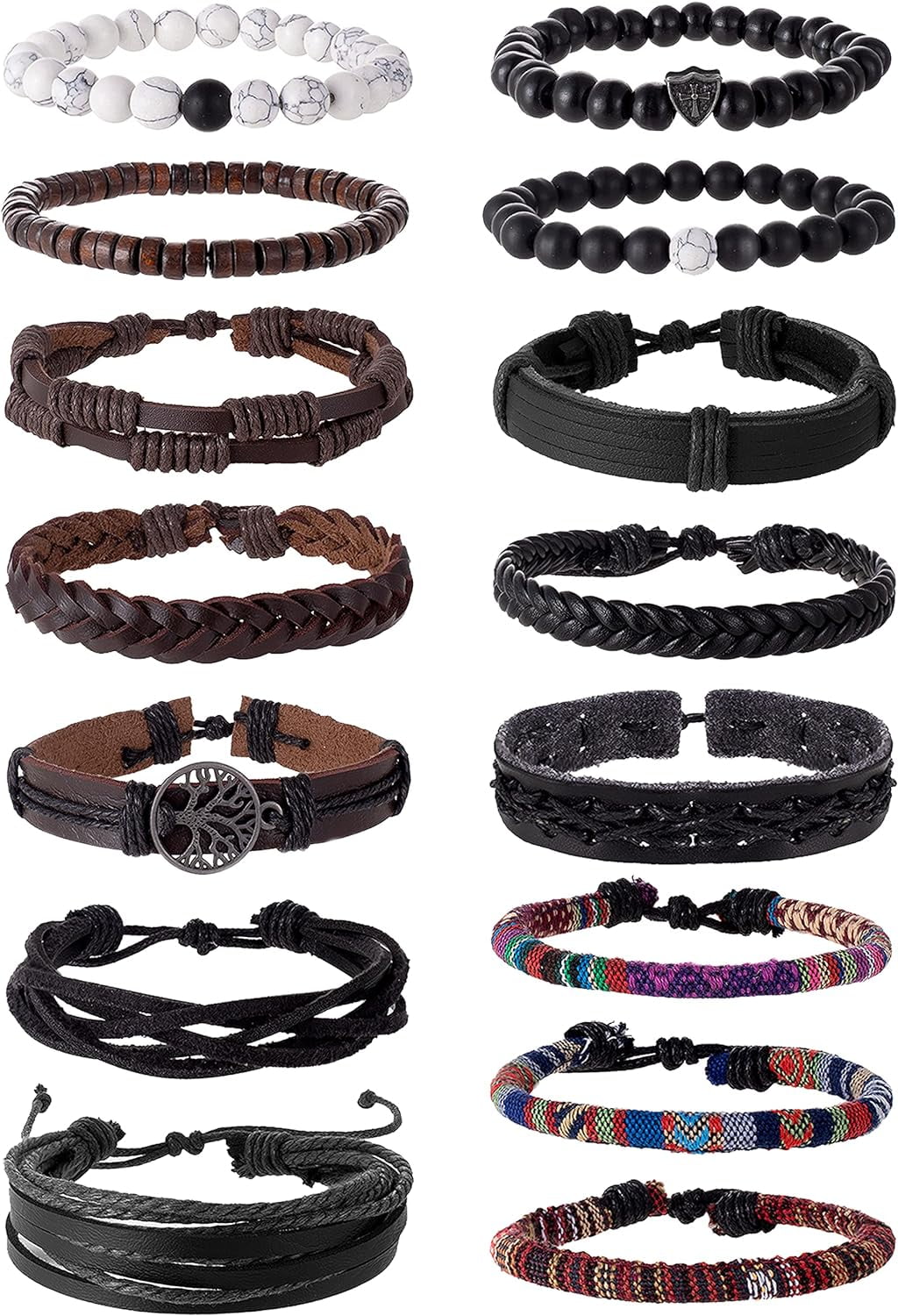 15Pcs Braided Leather Bracelet Set - Ethnic Boho Cuff Wrap Wristbands for Men and Women