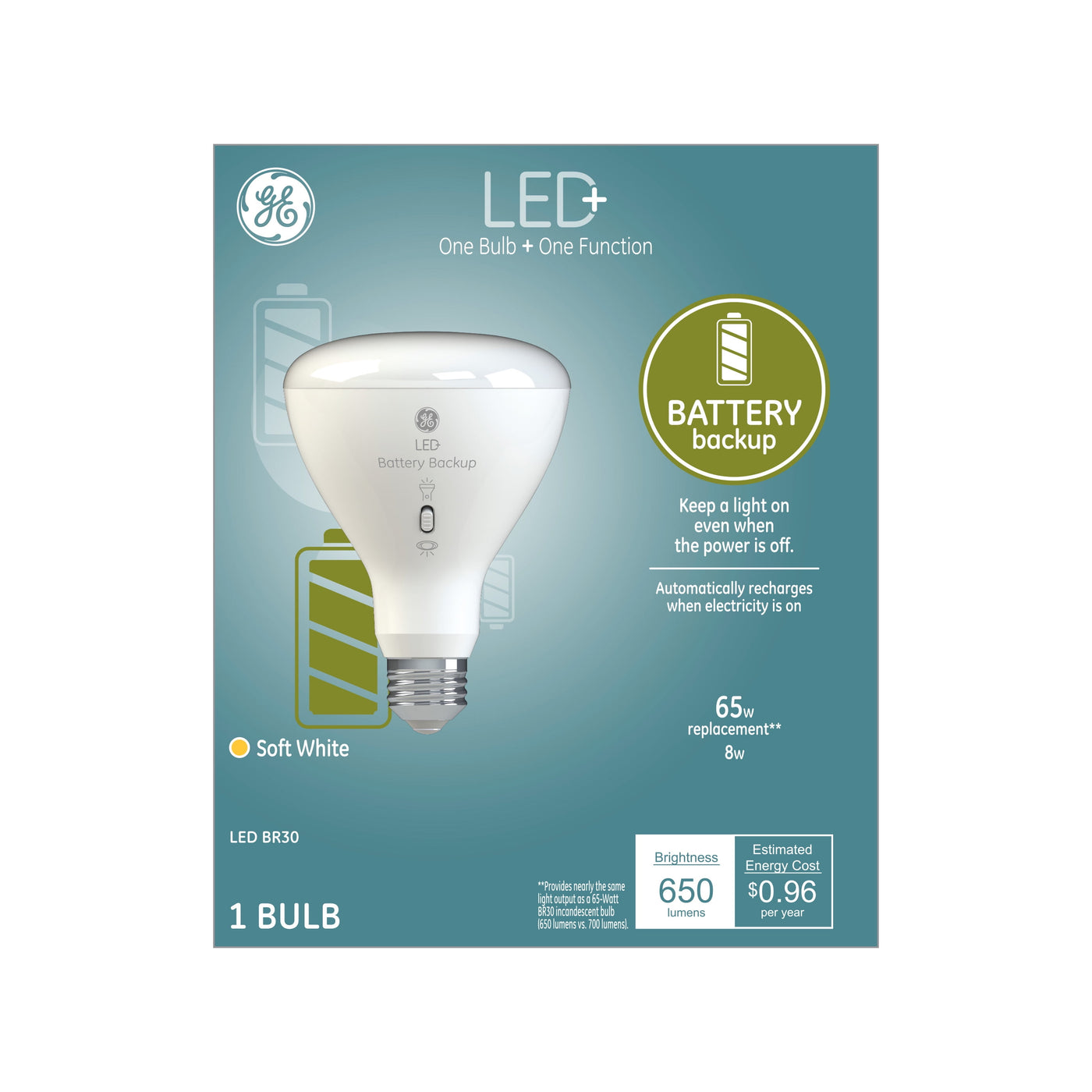 GE LED+ BR30 Indoor Floodlight LED Light Bulb with Battery Backup, 65-Watt Replacement, Soft White, 1 Pack