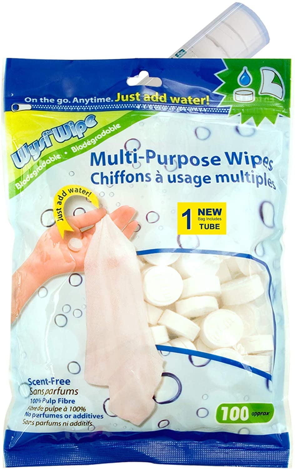 100 Pack - Wysi 9x9" Multi Purpose Compressed Wipe, To Go Tube