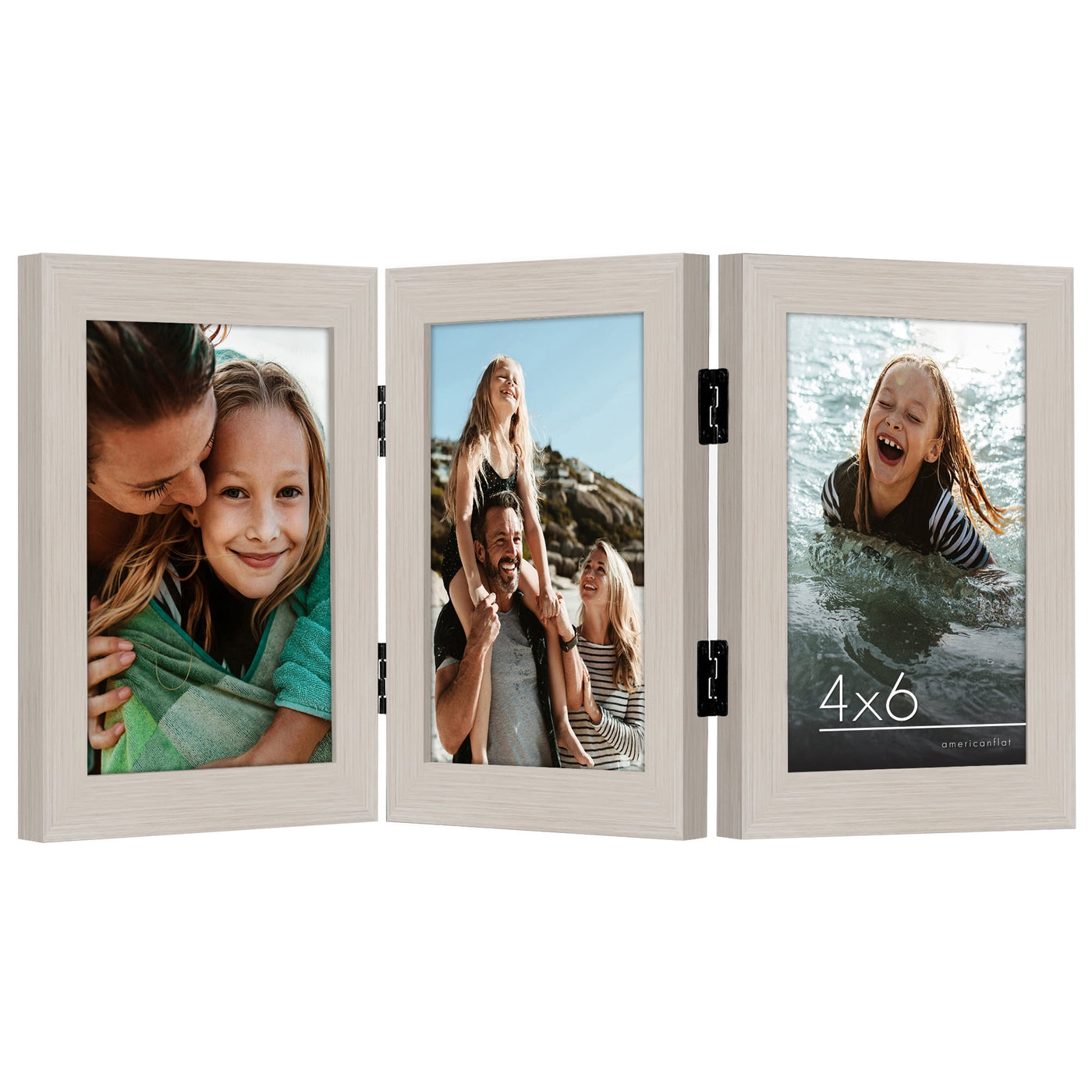 Americanflat Hinged 3 Photo Frame in Light Wood MDF - Desk Photo Frame for 4X6" Photos - Tri Folding Picture Frame For Desk - Displays 3 Photos with Shatter-Resistant Glass Covers