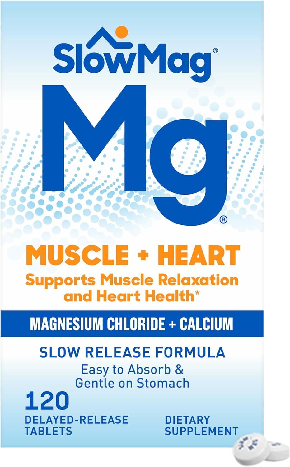 SlowMag Muscle + Heart Magnesium Chloride with Calcium Supplement to Support Muscle Relaxation, Occasional Muscle Cramping & Heart Health, High Absorption, 120 Count