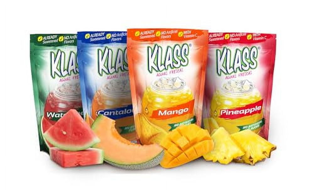 Klass Aguas Frescas Tropical Pack Drink Mix | Watermelon, Cantaloupe, Mango & Pineapple | Makes From 7 to 9 Quarts (4 Pack-14.1 oz) Flavors & Colors From Natural Sources