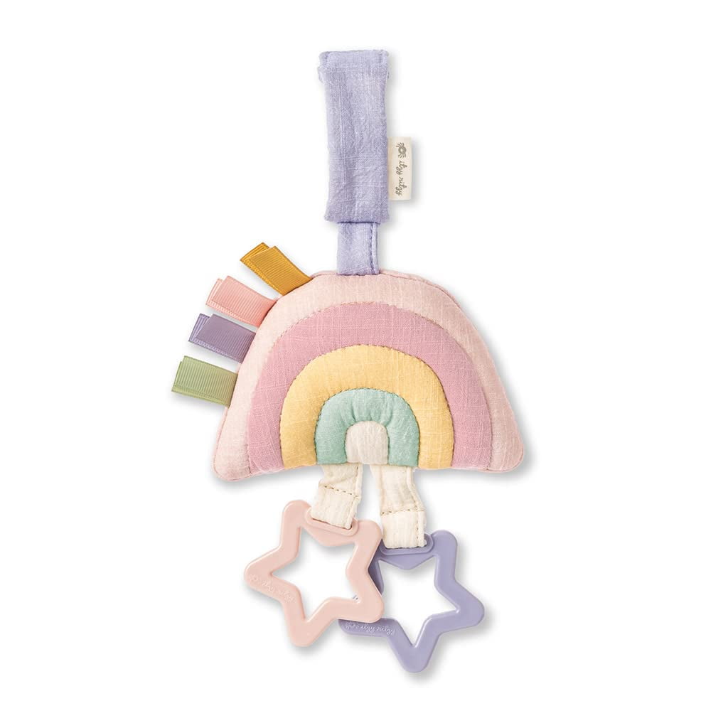 Itzy Ritzy Bitzy Bespoke Jingle Travel Toy for Stroller, Car Seat or Activity Gym; Features Jingle Sound, Hexagon Rings and Adjustable Attachment Loop, Pastel Rainbow (JIN3003)