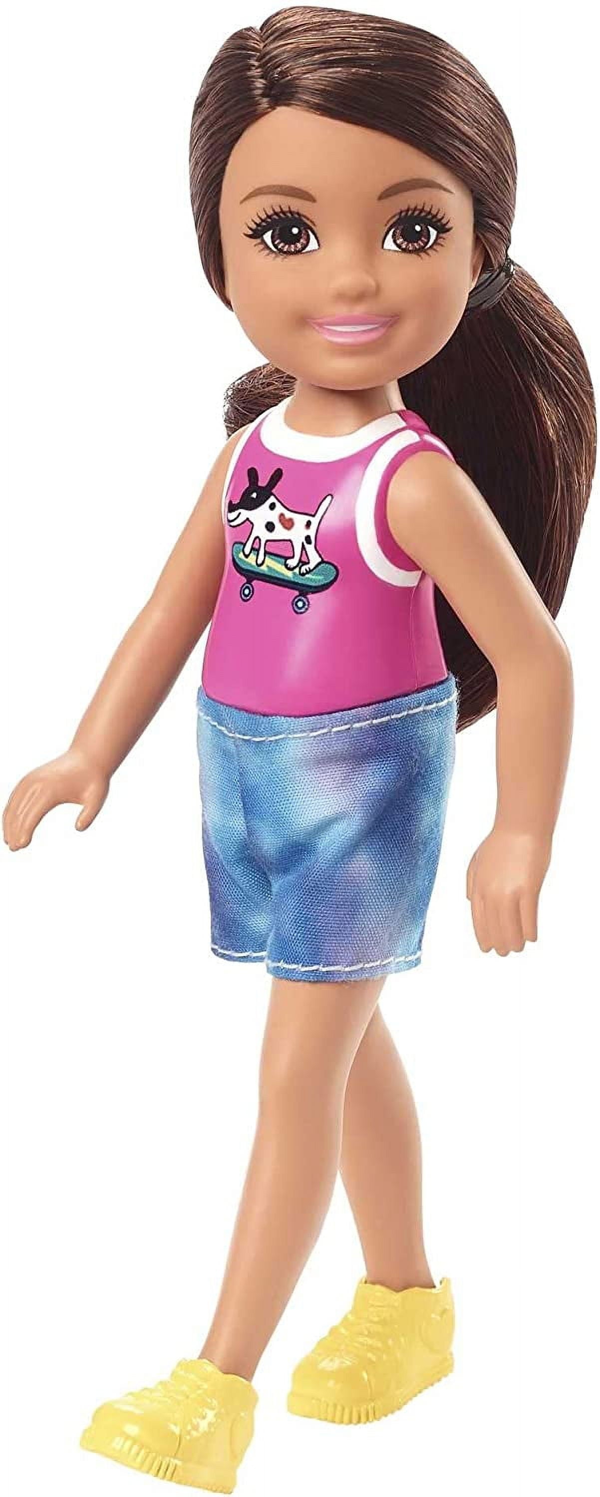 Barbie Chelsea Doll, Small Doll with BRUNETTE Hair in Ponytail Wearing Removable Skirt & Shoes