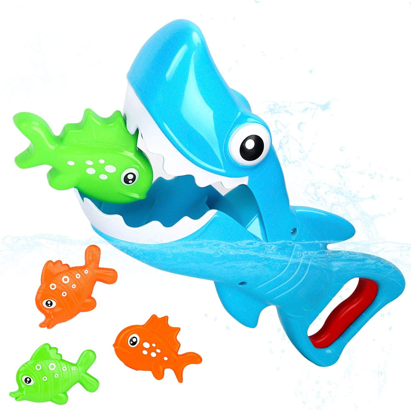 Bammax Bath Toys, Shark Grabber Baby Bath Toy Set Bathtub Toy, Great White Shark with Teeth Biting Action Include 4 Floating Fish Pool Bathroom Bath Time Tub Shark Bath Toy Game for Toddler Infant kid