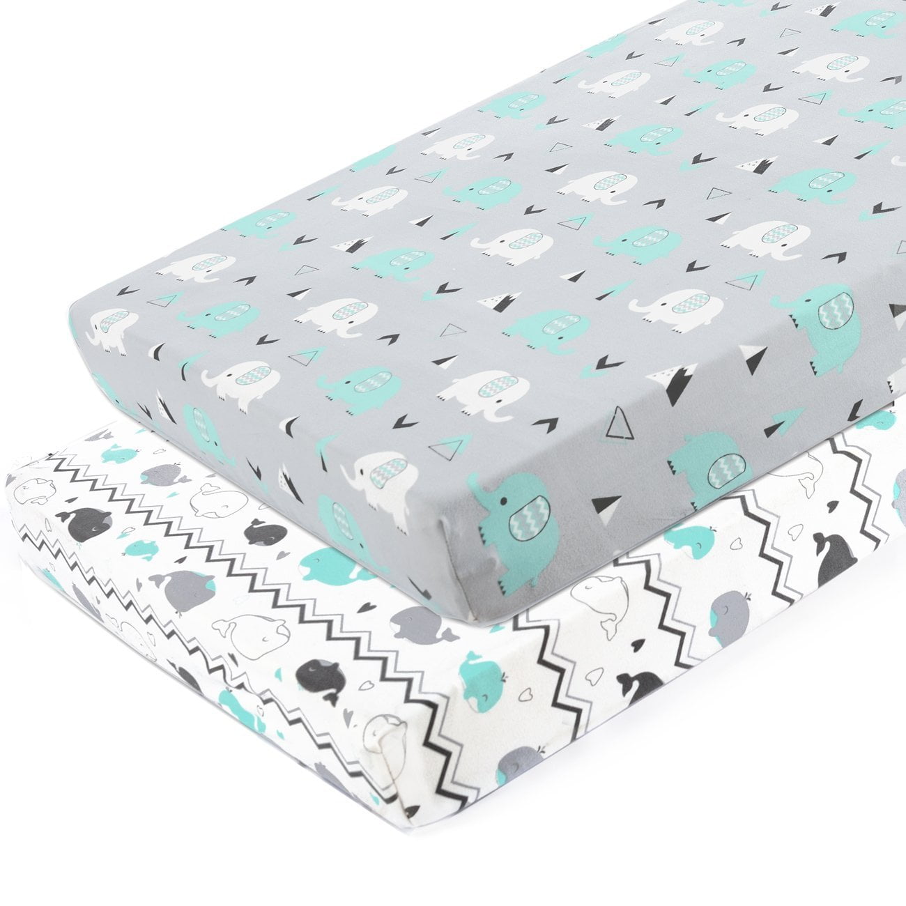 Pack n Play Stretchy Fitted Pack n Play Playard Sheet Set-Brolex 2 Pack Portable Mini Crib Sheets, Convertible Playard Mattress Cover, Ultra Soft Material，Elephant & Whale grey teal animal