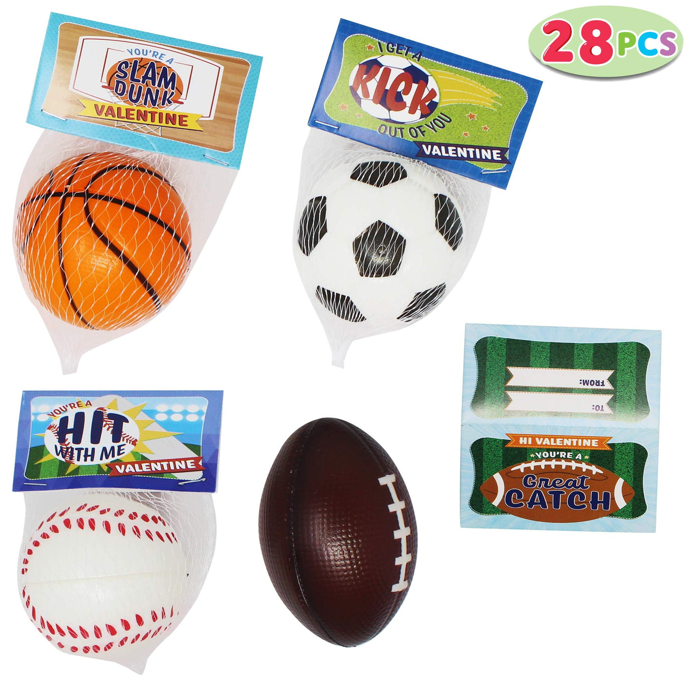 JOYIN 28 Pack Kids Valentines Day Gift Cards with Gift Mini Sports Ball Figure Stress Balls Squeeze Foam Balls for Classroom Exchange Prizes, Anxiety Relief, Valentine Party Favor Toys