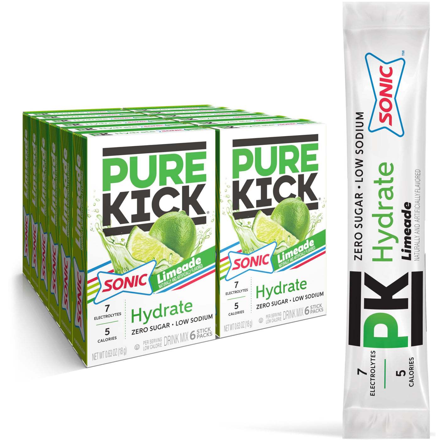 PURE KICK Hydration Singles to Go Drink Mix, Sonic Limeade, Includes 12 Boxes with 6 Packets in Each Box, 72 Total Packets