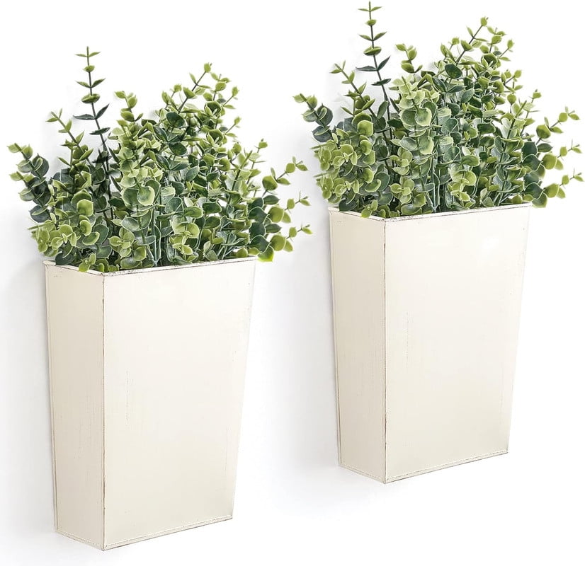 2 Packs Metal Wall Planter with Artificial Plants, Farmhouse Wall Decor Hanging Wall Vase Boxs Galvanized Flowers Holder for Country Rustic Home Wall Decor, White