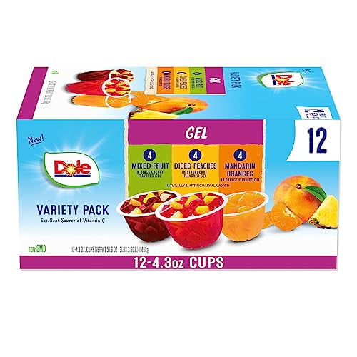 Dole Fruit Bowls In Gel Variety Pack Snacks, Peaches, Mixed Fruit, Mandarin Oranges, 4oz 12 Total Cups, Gluten & Dairy Free, Bulk Lunch Snacks for Kids & Adults