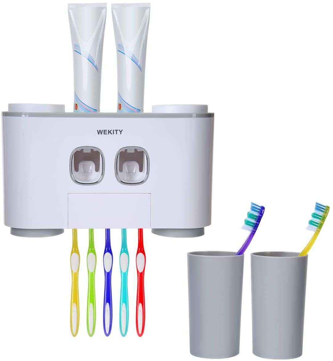 Toothbrush Holder Wall Mounted, WEKITY Multi-Functional Toothbrush and Toothpaste Dispenser for Bathroom, with 5 Toothbrush Slots, 2 Toothpaste Squeezers and 4 Cups(Grey)