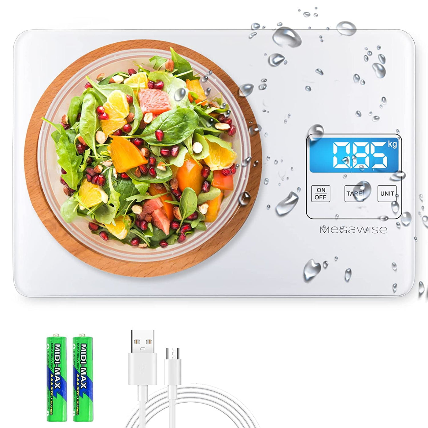 MegaWise Precision Food Scale, 33lb Waterproof Rechargeable Digital Kitchen Scale, 1g/0.04oz Precise Graduation, Weight Grams and Ounces for Cooking Baking, 5 Units Conversion, Tar