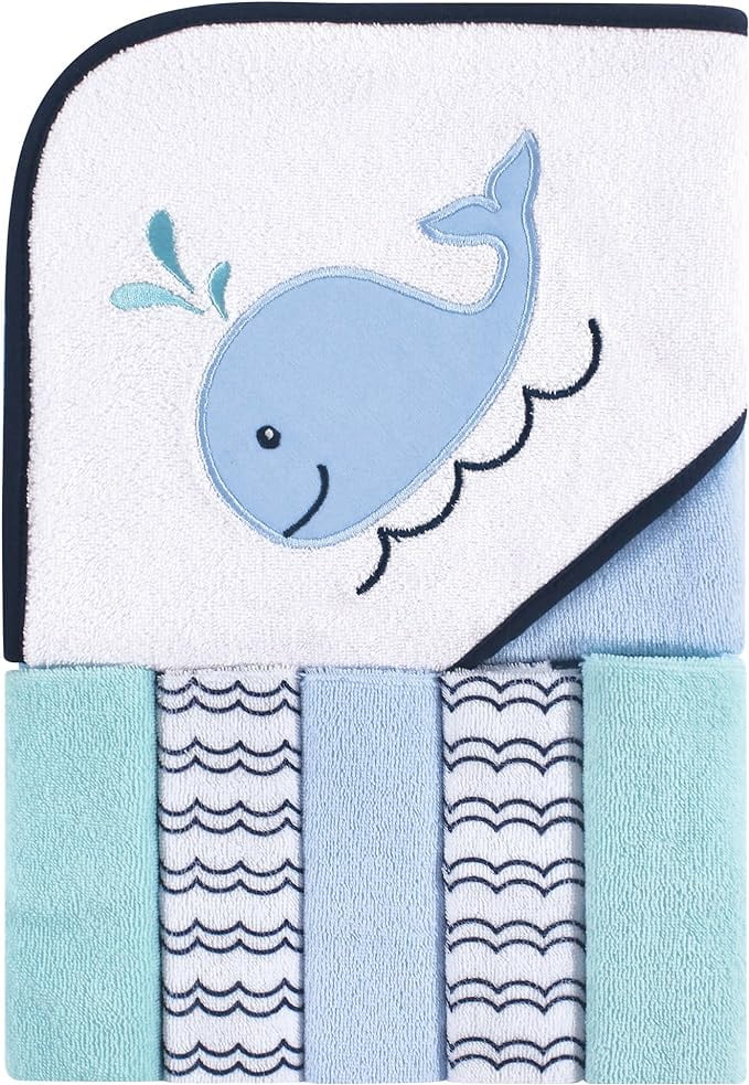 Luvable Friends Unisex Baby Hooded Towel with Five Washcloths, Cotton, Boy Whale, One Size