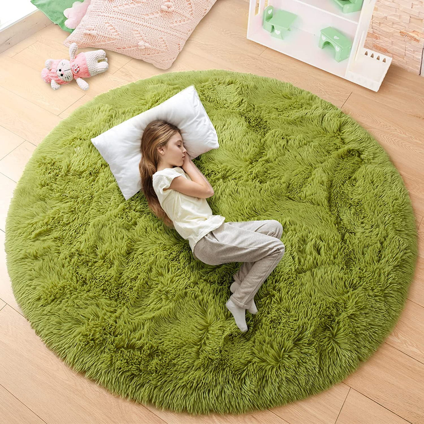 junovo Round Rug 4x4 Feet Fluffy Soft Area Rugs for Kids Girls Room Princess Castle Plush Shaggy Car