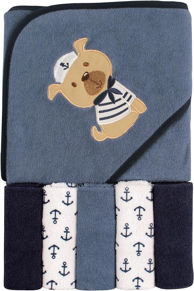 Luvable Friends Unisex Baby Hooded Towel with Five Washcloths, Dog, One Size