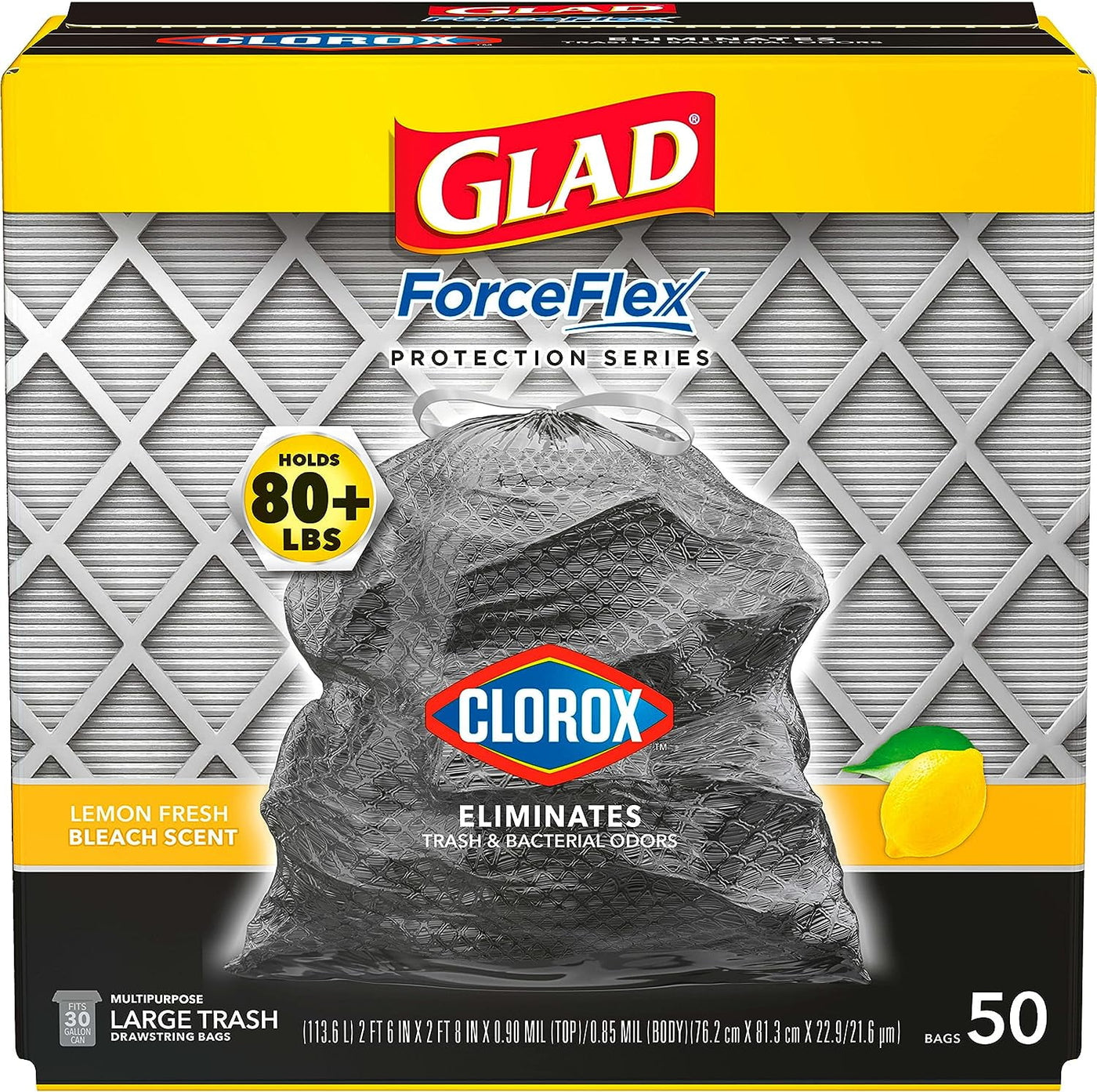 Glad ForceFlex with Clorox Trash Bags, Lemon Fresh Bleach Scent, 30 Gal, 50 Ct, Package May Vary