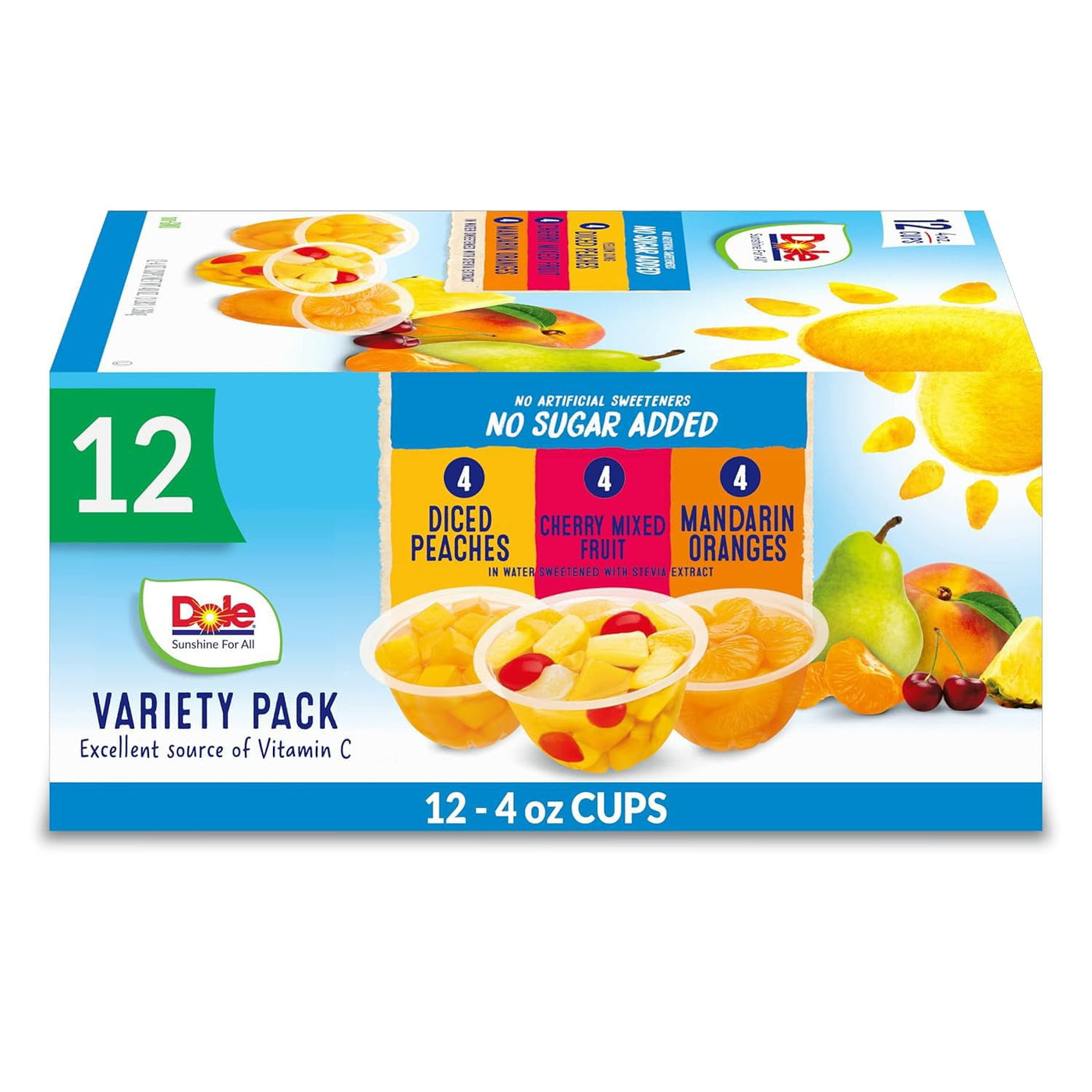 Dole Fruit Bowls No YPF5&nbsp;Sugar Added Variety Pack Snacks, Peaches, Mandarin Oranges & Cherry Mixed Fruit, 4oz 12 Cups, Gluten & Dairy Free, Bulk Lunch Snacks for Kids & Adults