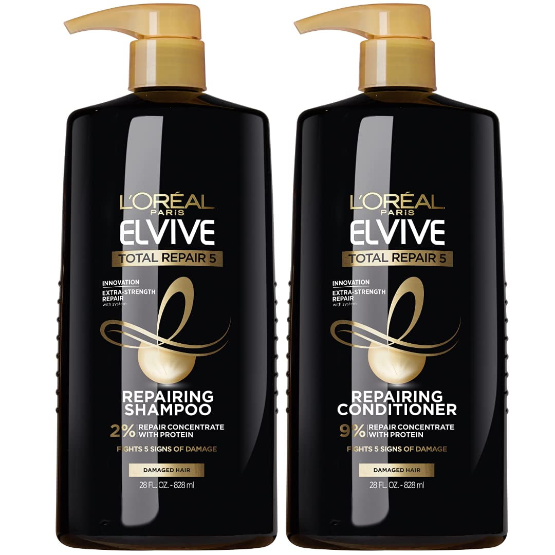 L,Oreal Paris Elvive Total Repair 5 Repairing Shampoo And Conditioner For Damaged Hair, 28 Ounce (Set Of 2)