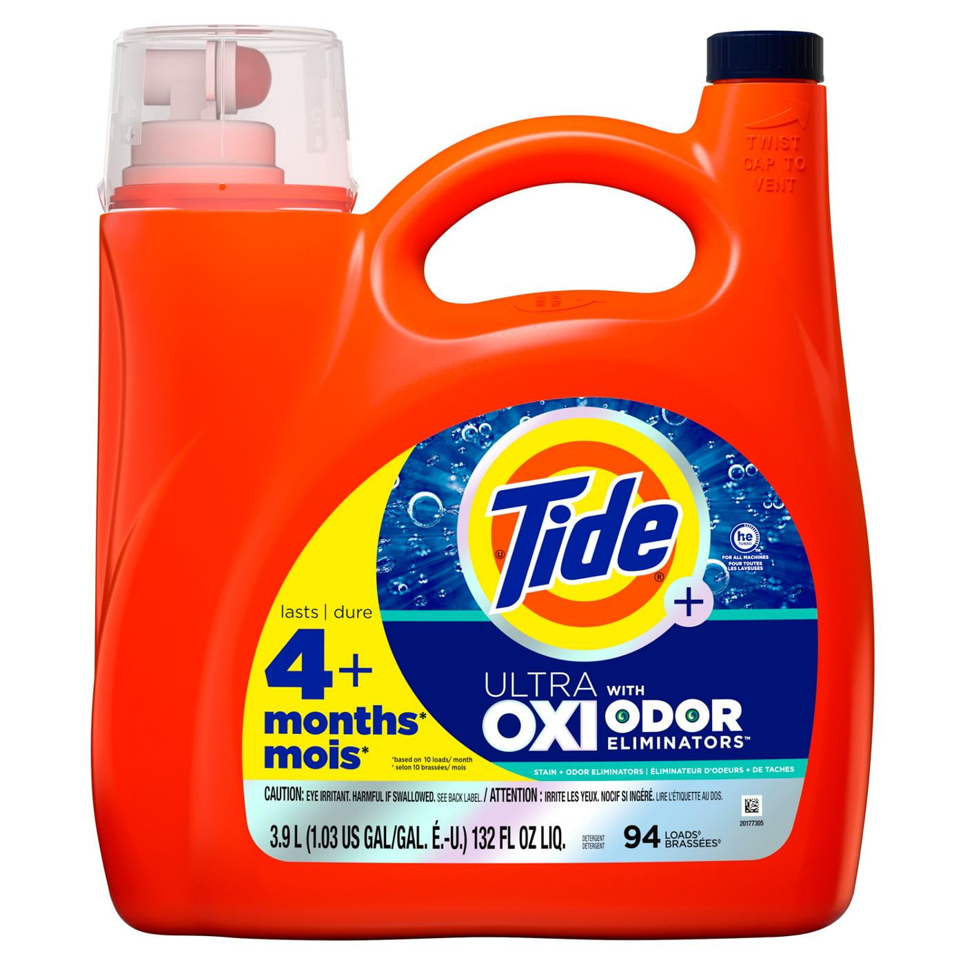 Tide + Ultra Oxi Odor Eliminators HE Turbo Clean Liquid Laundry Detergent, 94 Loads 132 oz