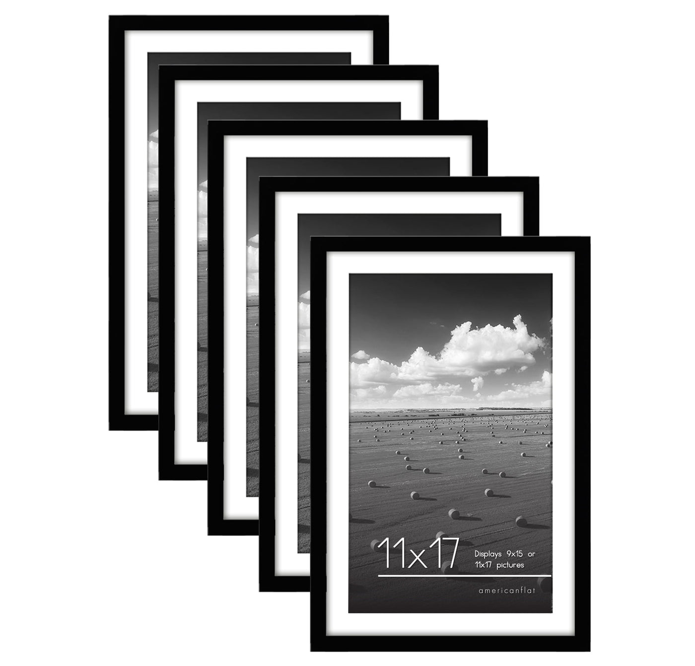 Americanflat 11x17 Picture Frame with Polished Plexiglass - Set of 5 - Use as 9x15 Frame with Mat or 11x17 Frame Without Mat - Galleria Collection - Gallery Wall Frame Set for Wall Display - Black