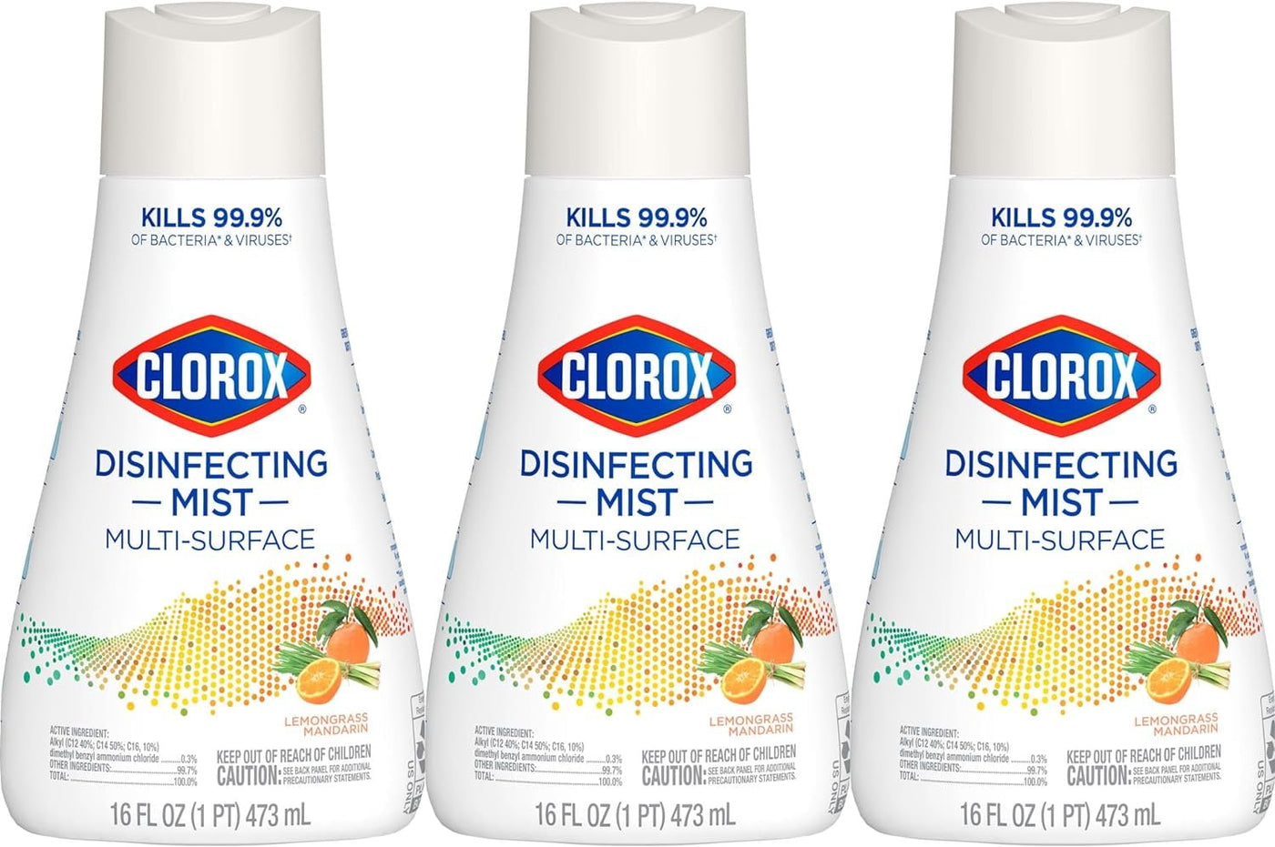 Clorox Disinfecting Mist, Lemongrass Mandarin, Household Essentials, 3 Refills, 16 Fl Oz Each