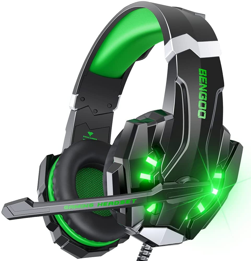 BENGOO G9000 Stereo Gaming Headset for PS4 PC Xbox One PS5 Controller  Noise Cancelling Over Ear Headphones with Mic  LED Light  Bass Surround  Soft Memory for Laptop Mac - Green