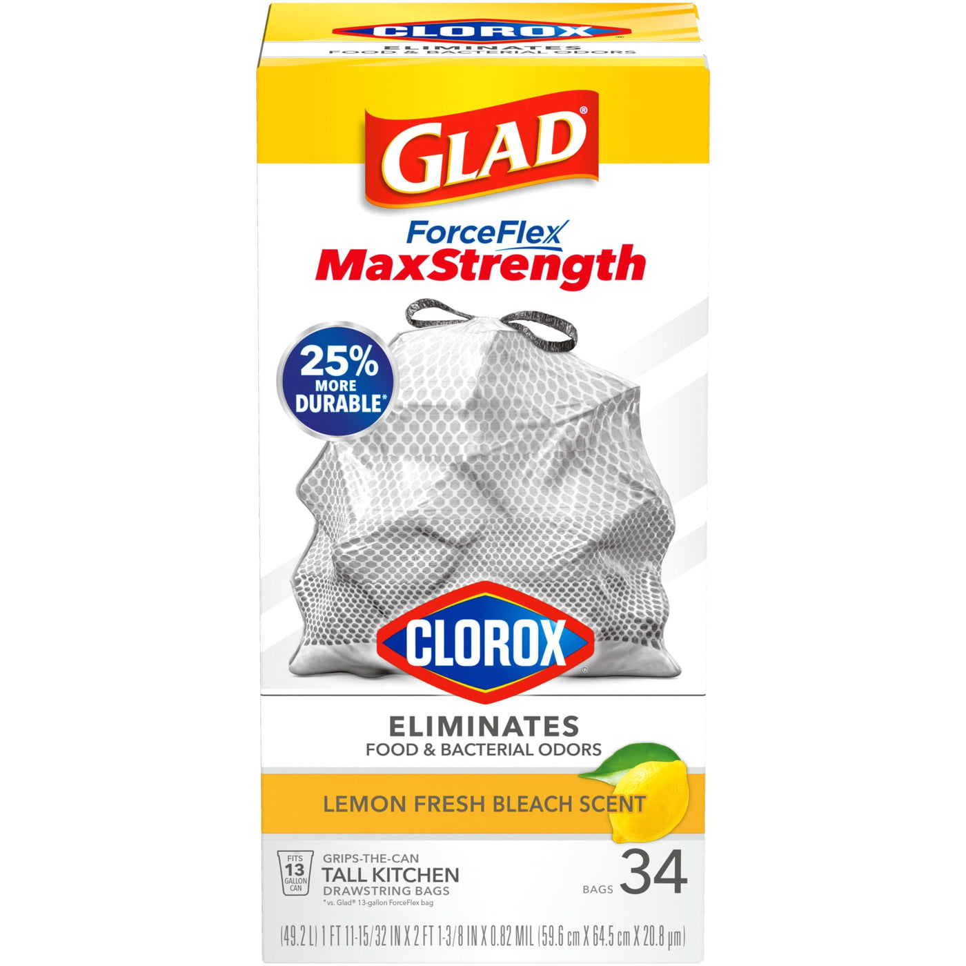 Glad Forceflex Maxstrength With Clorox Tall Kitchen Drawstring Trash Bags, 13 Gallon Grey Trash Bags, Lemon Fresh Bleach Scent, 34 Count