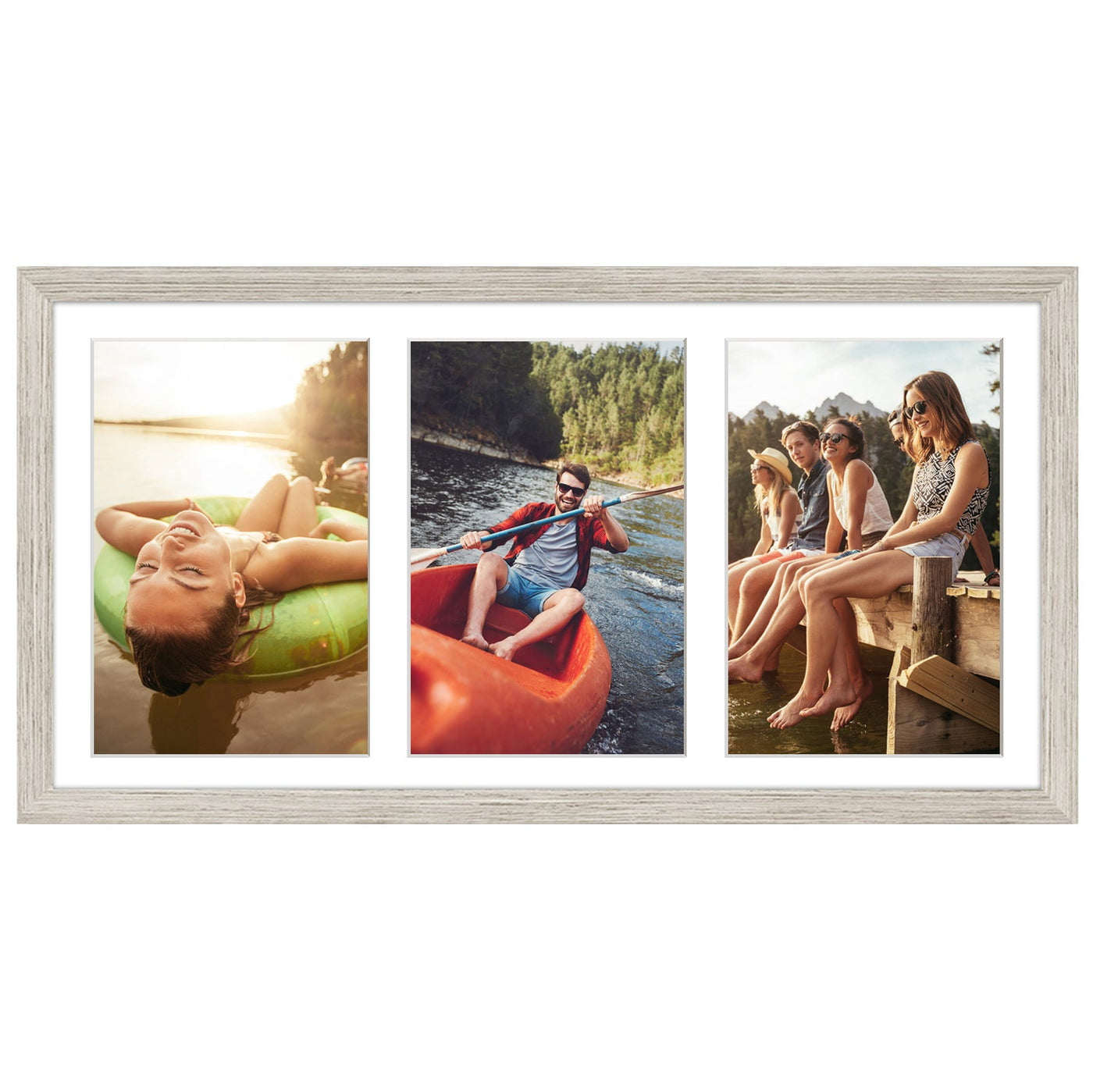 Americanflat 8x16 Collage Picture Frame with Three 5x7 Displays in Driftwood - Composite Wood with Shatter Resistant Glass - Horizontal and Vertical Formats for Wall