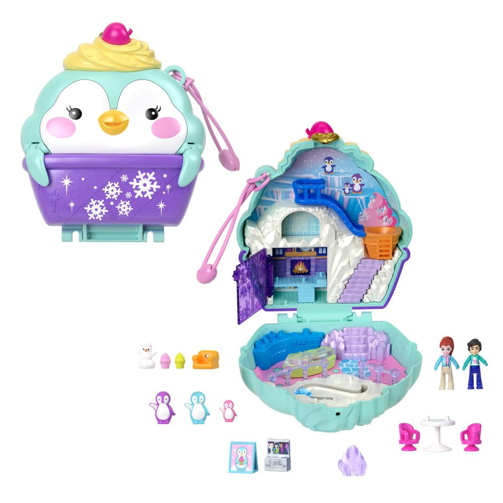 Polly Pocket Dolls and Playset, Travel Toy with Fidget Exterior, Snow Sweet Penguin Compact with 12 Accessories