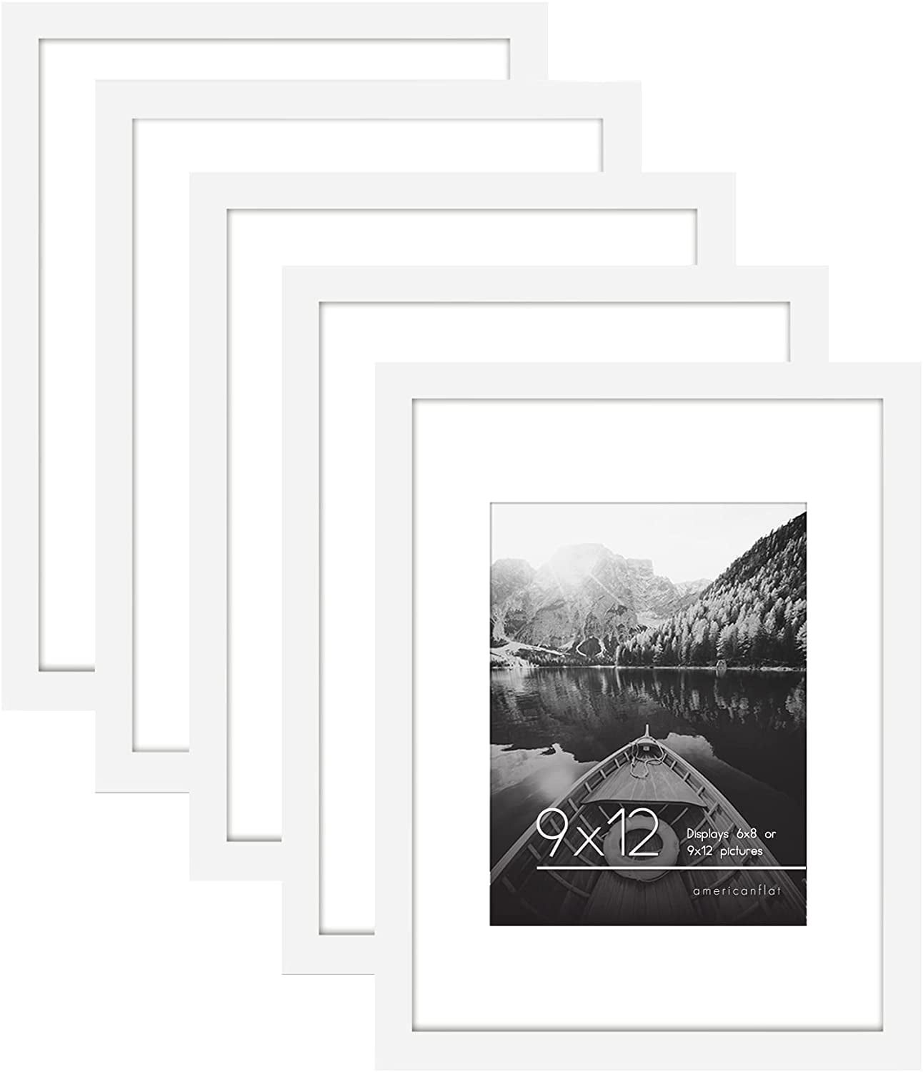 Americanflat 9x12 Picture Frame in White - Displays 6x8 With Mat and 9x12 Without Mat - Set of 5 Frames with Sawtooth Hanging Hardware For Horizontal and Vertical Display