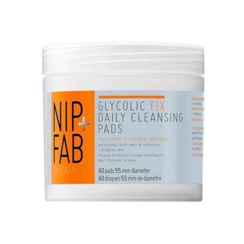 Nip + Fab Glycolic Acid Fix Daily Cleansing Pads for Face with Hyaluronic Acid, Witch Hazel, Exfoliating Resurfacing AHA Facial Cleanser for Exfoliation Even Skin Tone Brighten Skin, 60 Pads