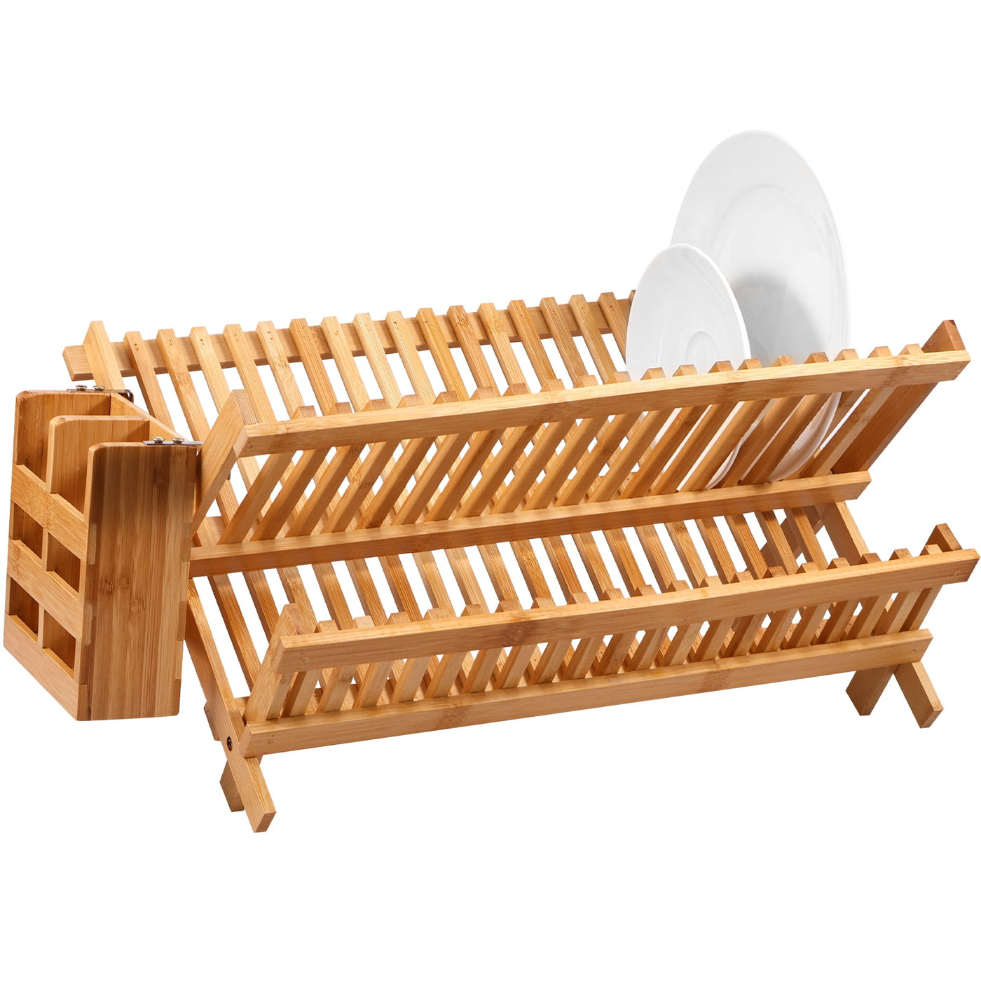 Jetcloudlive Bamboo Dish Drying Rack with Utensil Holder,Collapsible Wooden Dish Drainer Rack,2-Tier Large Folding Drying Holder for Kitchen Counter